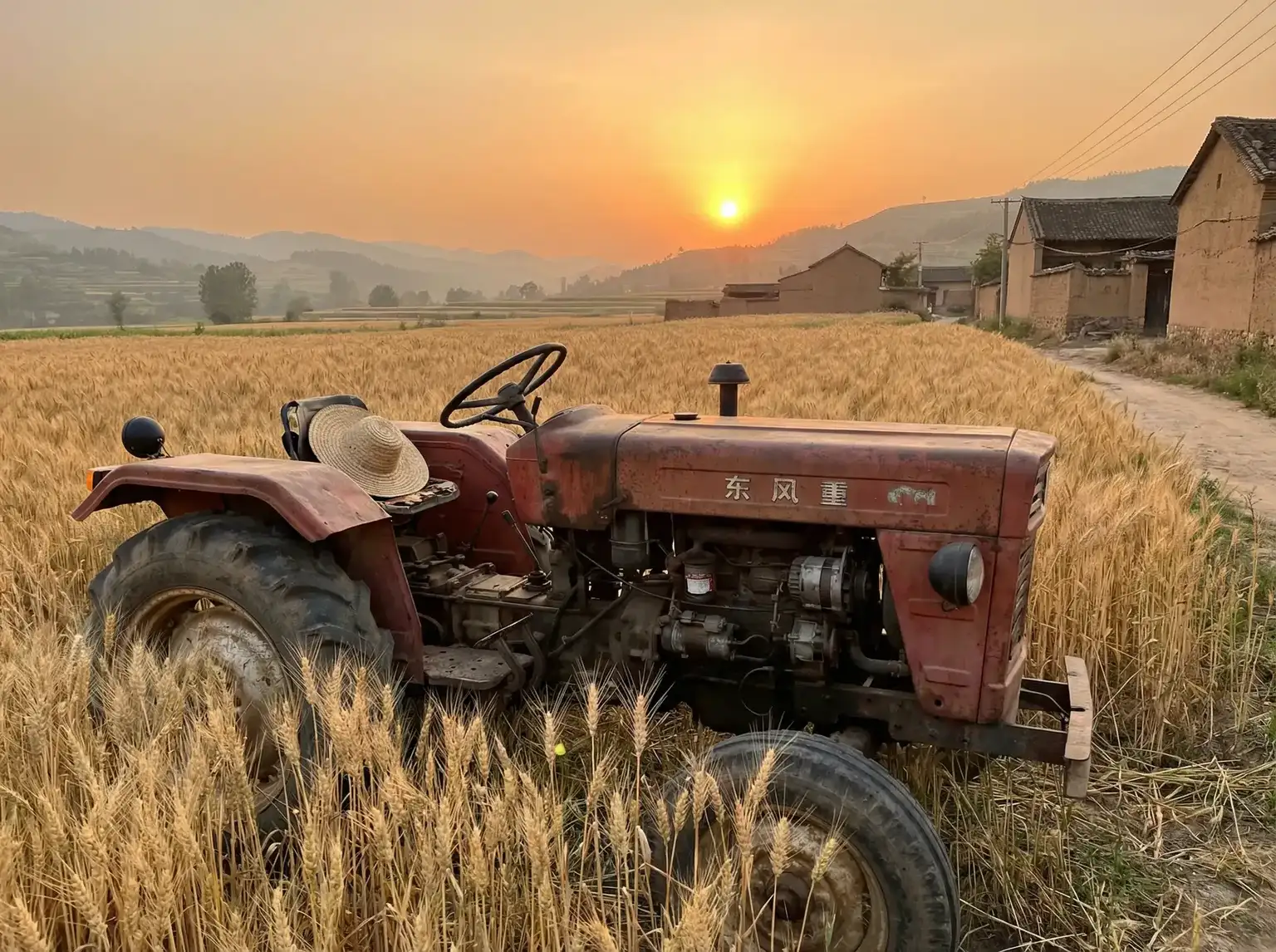 夕阳下的老式拖拉机停在麦田边 - 坐在上面摇是一种什么体验 田间记忆